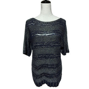Chicos Sweater Large 2 Blue Kayden Pullover Indigo Sequin Metallic Holiday Party